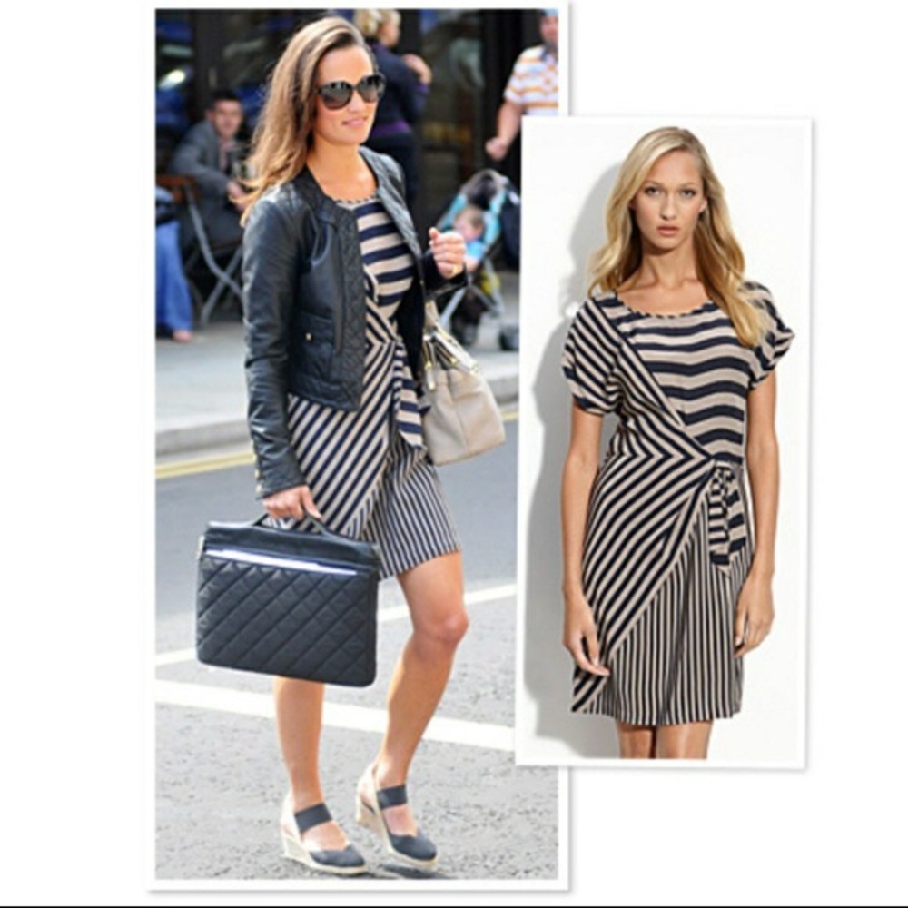 SOLD BCBG Giovanna Navy and Tan Silk Dress